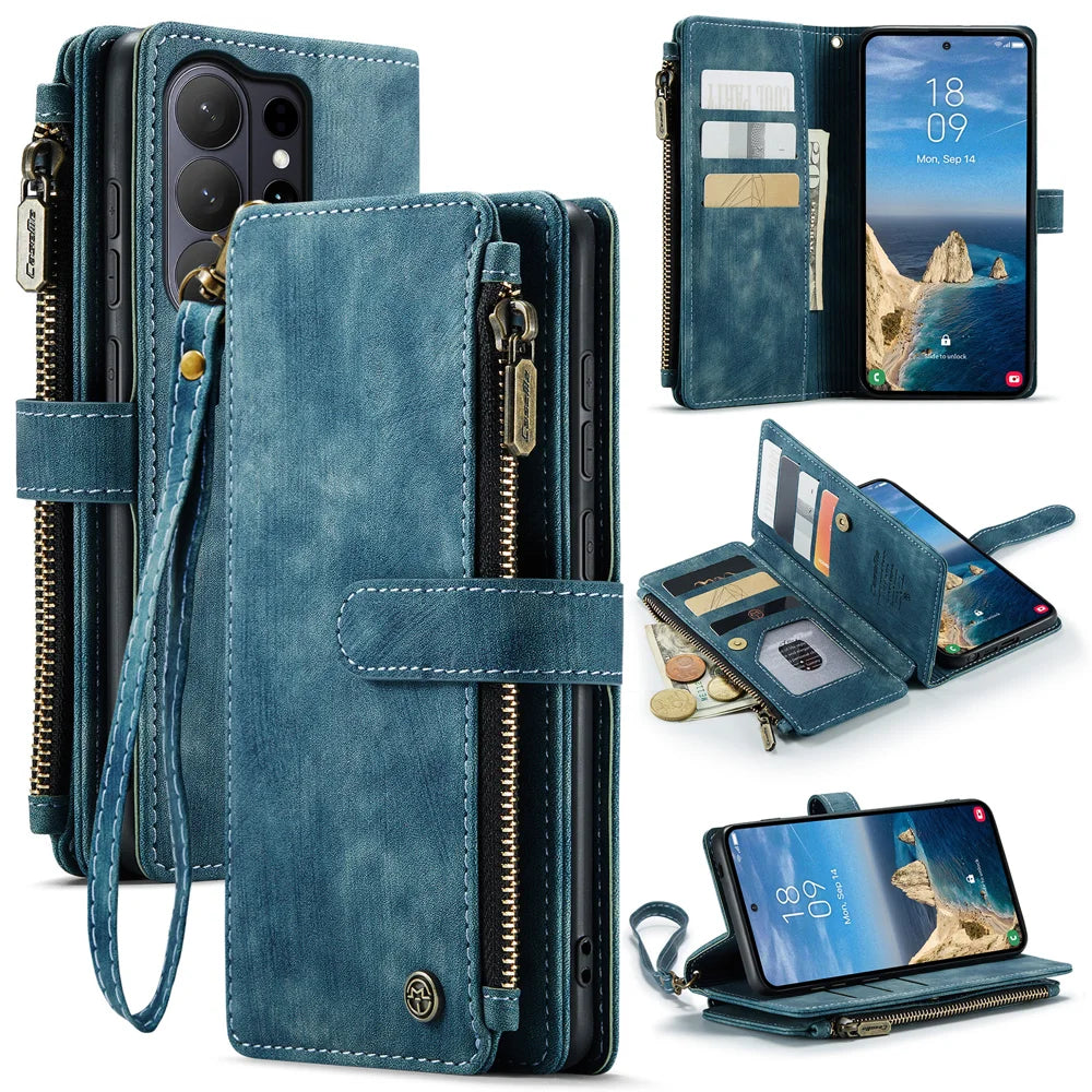 CASEME For Samsung Galaxy S26 Ultra Phone Cases with Strap  C30 Zipper Multiple Card Holder PU Leather Cover - Blue - 1