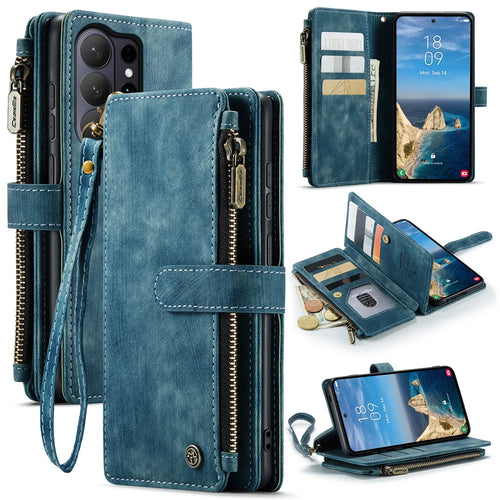 CASEME For Samsung Galaxy S26 Ultra Phone Cases with Strap  C30 Zipper Multiple Card Holder PU Leather Cover - Blue - 1