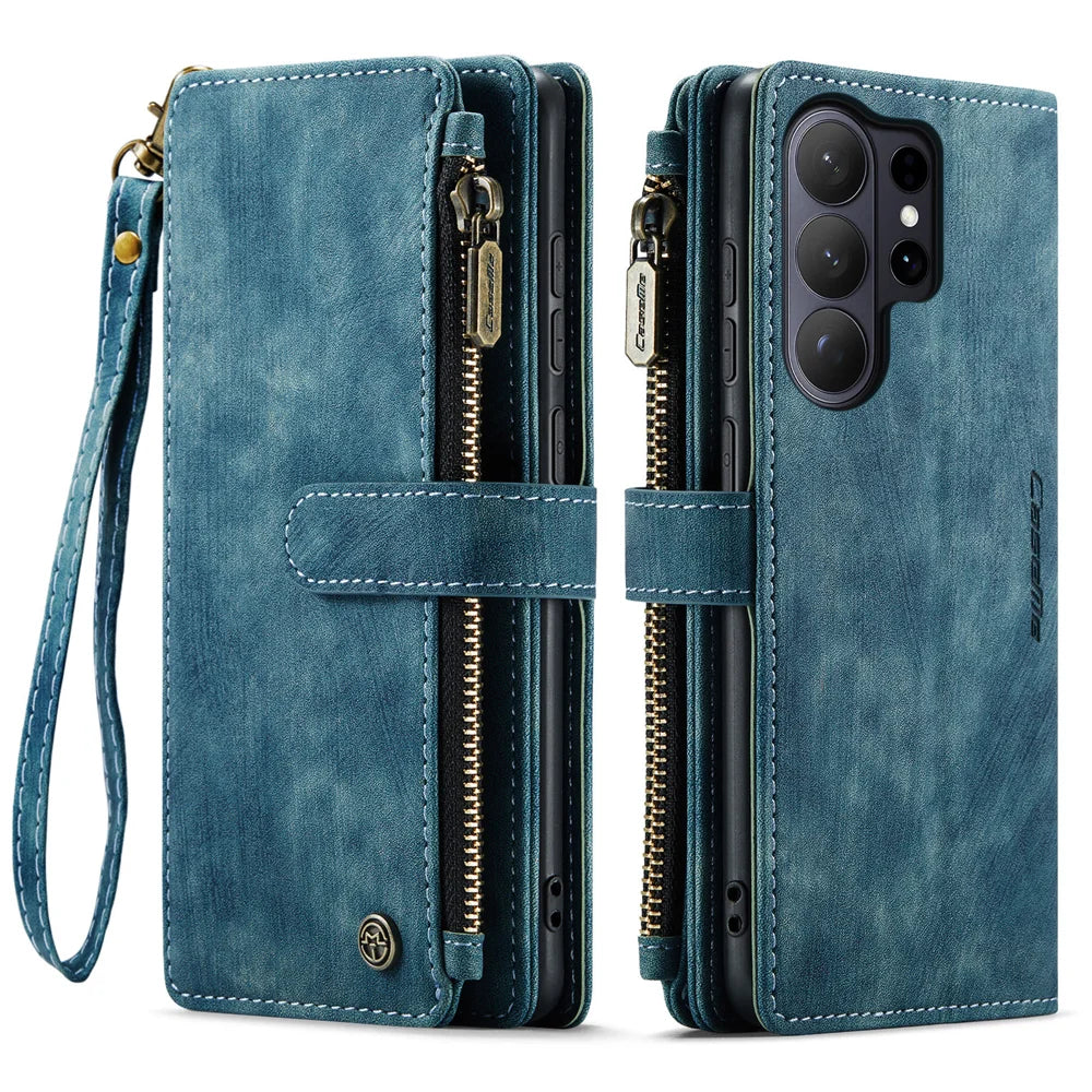 CASEME For Samsung Galaxy S26 Ultra Phone Cases with Strap  C30 Zipper Multiple Card Holder PU Leather Cover - Blue - 2