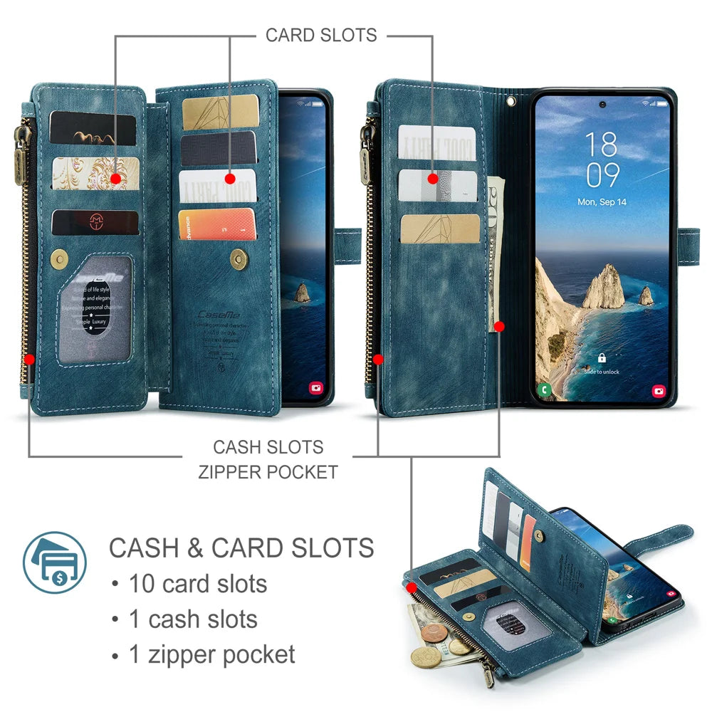 CASEME For Samsung Galaxy S26 Ultra Phone Cases with Strap  C30 Zipper Multiple Card Holder PU Leather Cover - Blue - 3