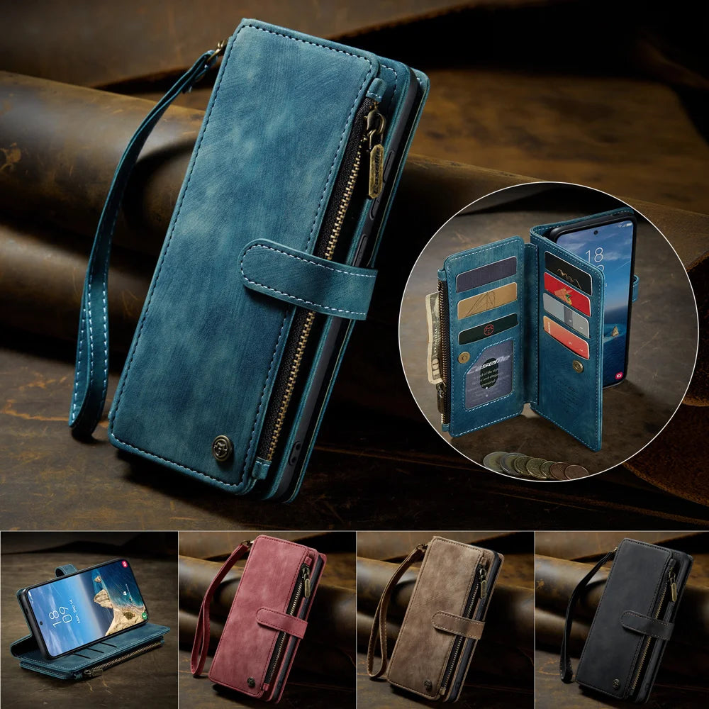 CASEME For Samsung Galaxy S26 Ultra Phone Cases with Strap  C30 Zipper Multiple Card Holder PU Leather Cover - Blue - 4