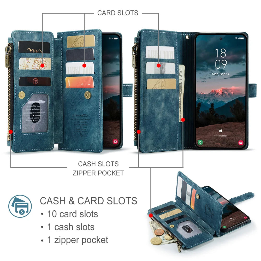CASEME For Samsung Galaxy S26+ Phone Cases with Strap  C30 Zipper Multiple Card Holder PU Leather Cover - Blue - 3