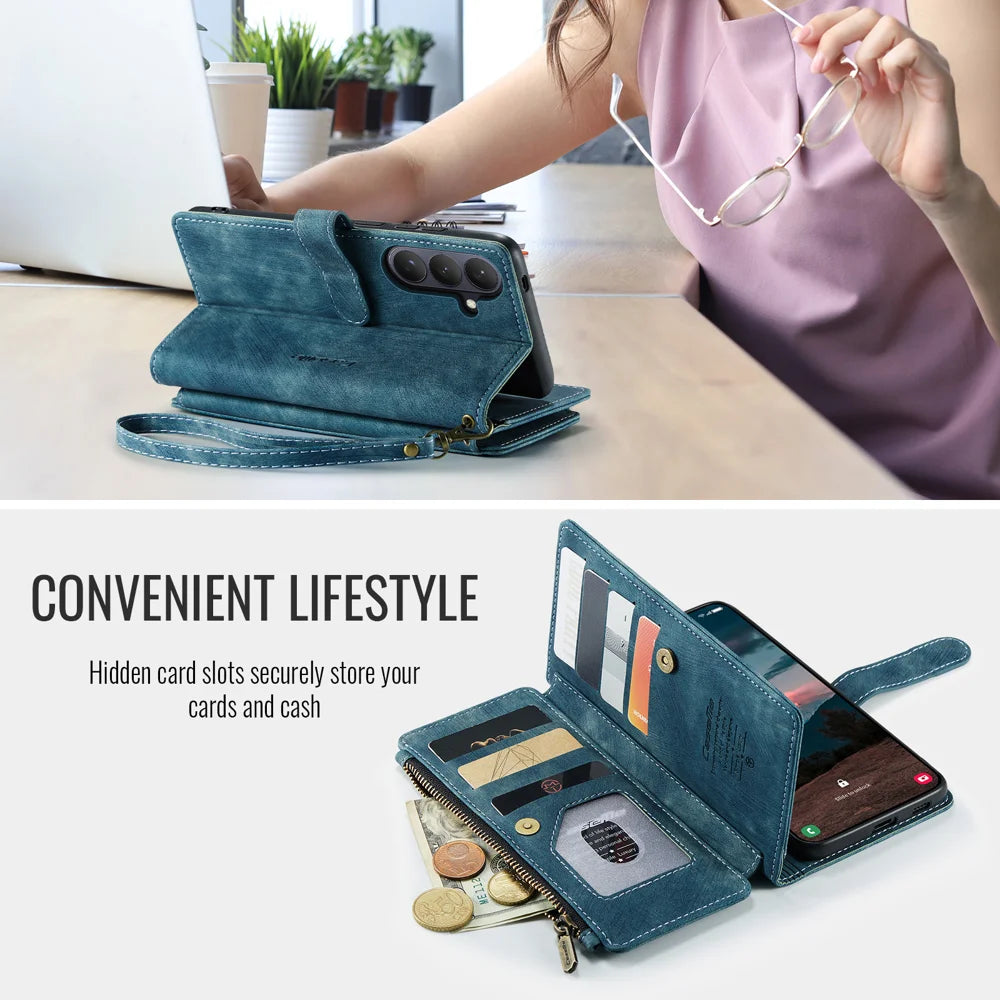 CASEME For Samsung Galaxy S26+ Phone Cases with Strap  C30 Zipper Multiple Card Holder PU Leather Cover - Blue - 5