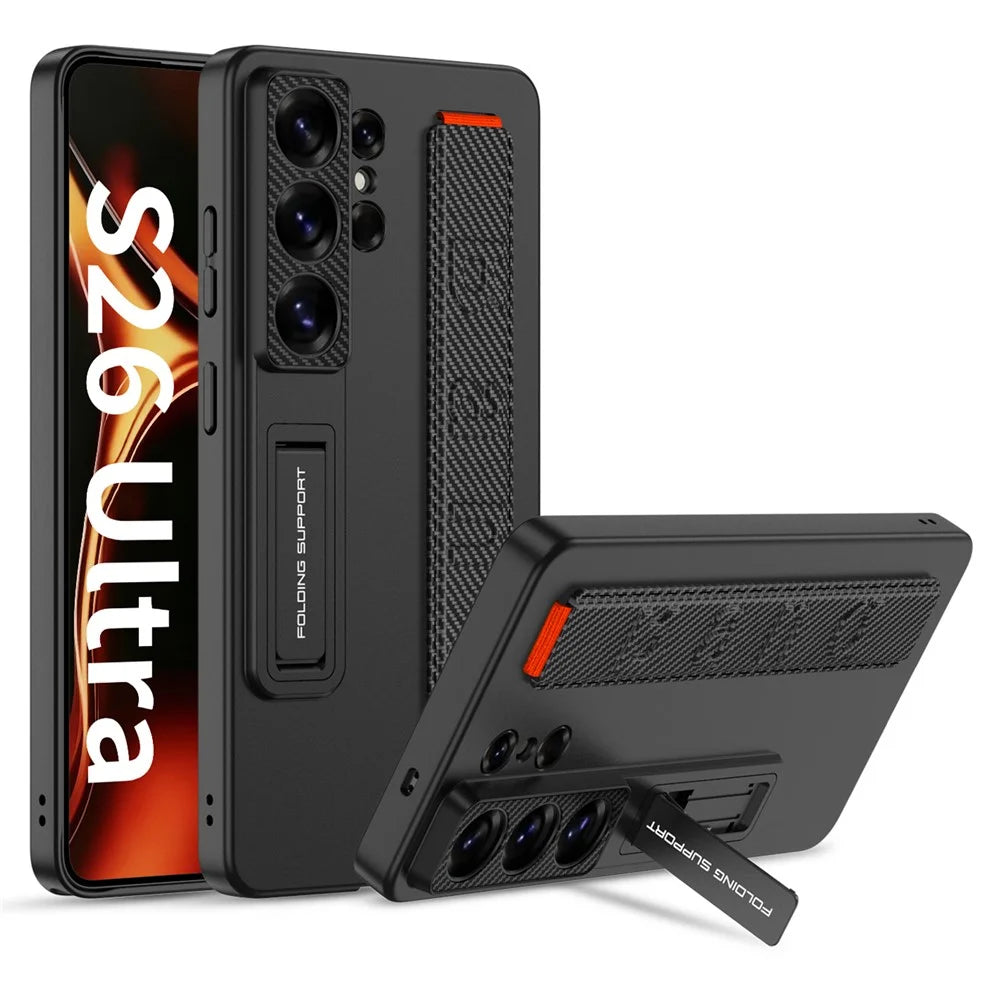 GKK For Samsung Galaxy S26 Ultra Case PC + TPU Kickstand Phone Back Cover with Wristband - Carbon Fiber Texture - 1