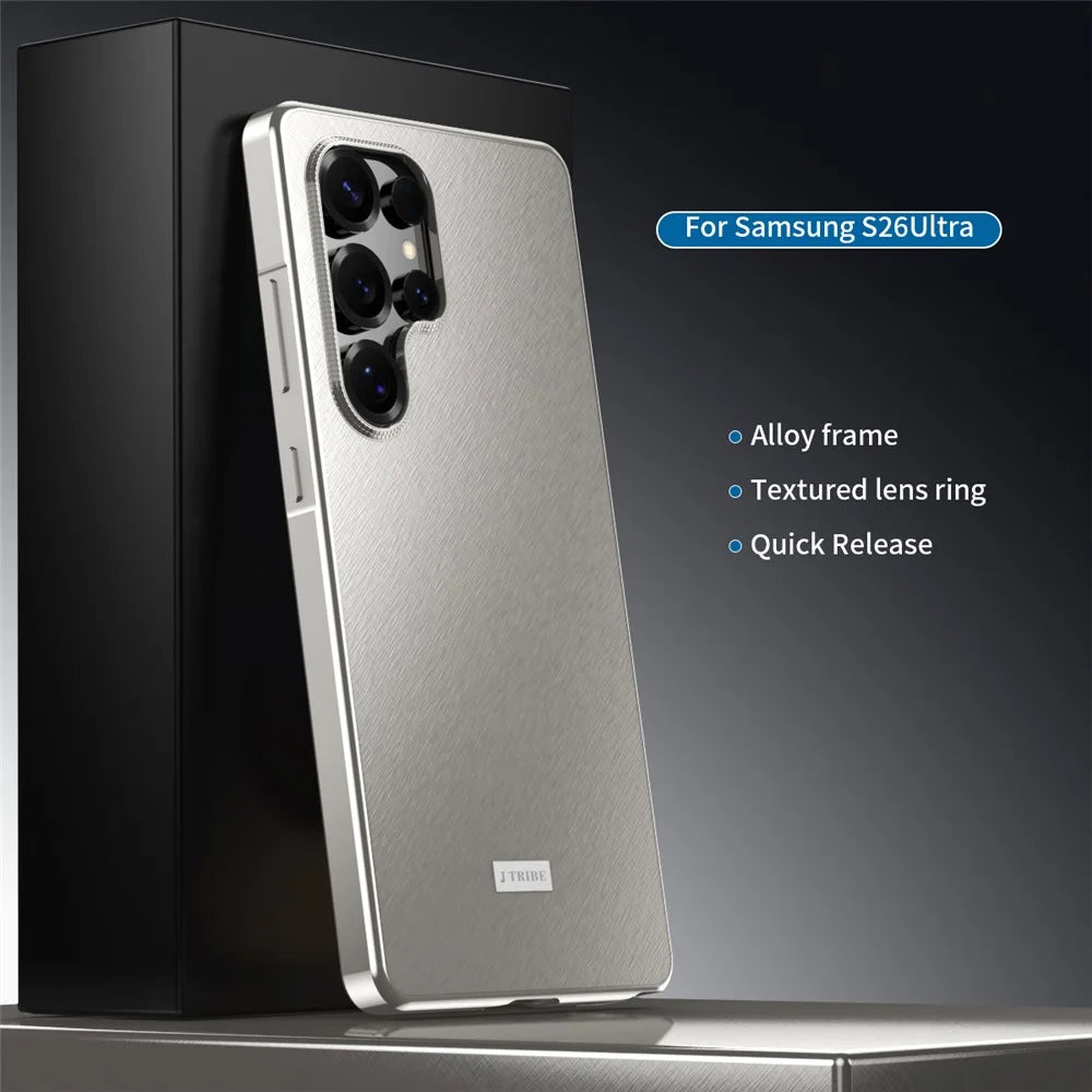 For Samsung Galaxy S26 Ultra Case Brocade Texture Anti Drop Alloy Magnetic Frame PC Phone Back Cover - Titanium - 2