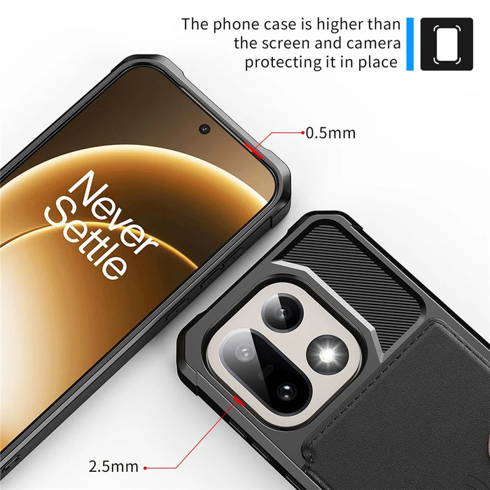 For OnePlus 15 5G Case with Card Holder PU Leather + TPU Phone Back Cover - Black - 7