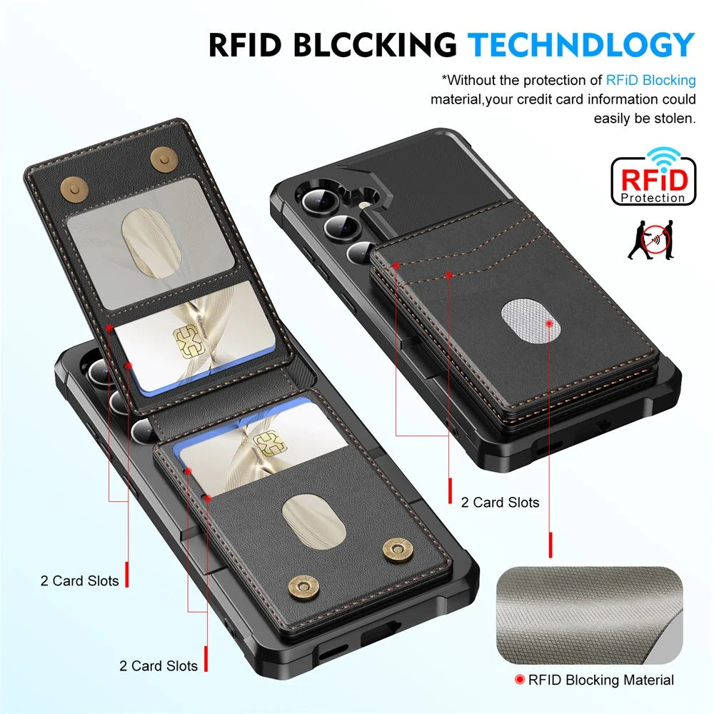 For Samsung Galaxy S25 FE Magnetic Case Detachable Card Slot Kickstand Leather + TPU Phone Cover  - Black - 3