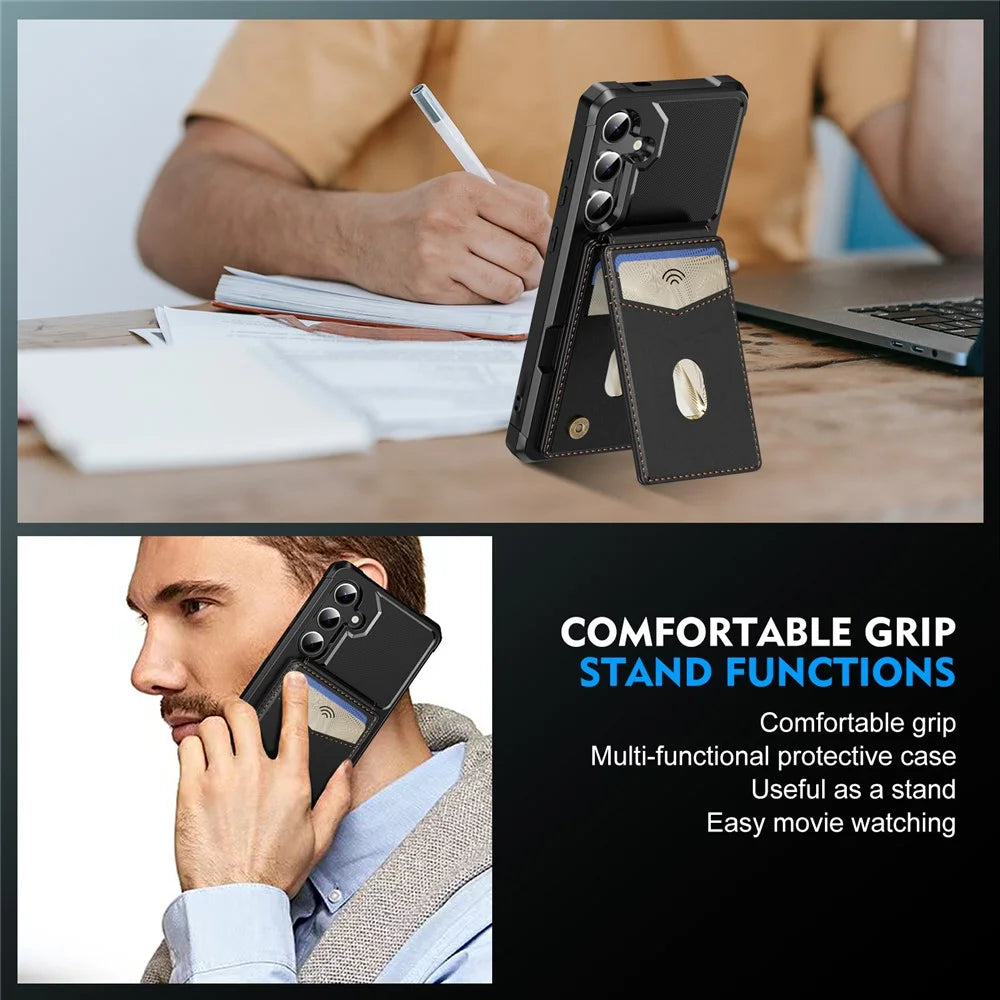 For Samsung Galaxy S25 FE Magnetic Case Detachable Card Slot Kickstand Leather + TPU Phone Cover  - Black - 6