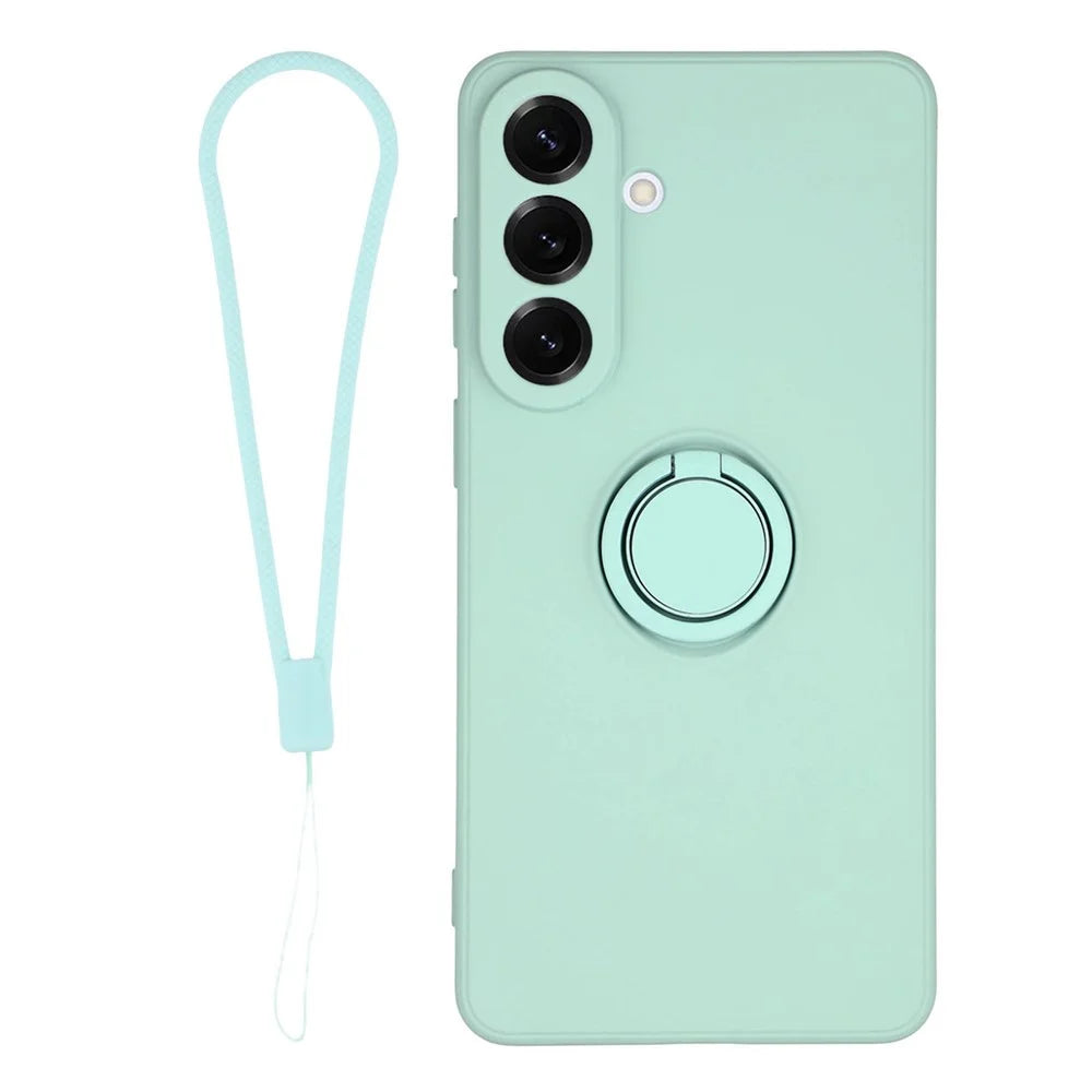 For Samsung Galaxy S26 Silicone Case with Strap Ring Kickstand Phone Cover - Mint Green - 1