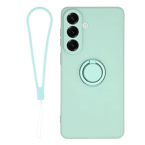 For Samsung Galaxy S26+ Silicone Case with Strap Ring Kickstand Phone Cover - Mint Green - 1