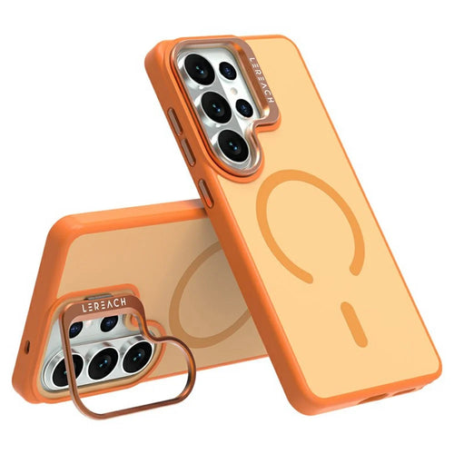 LEREACH Le-Luser Series For Samsung Galaxy S26 Ultra Magnetic Case Metal Lens Kickstand TPU PC Phone Cover - Orange - 1