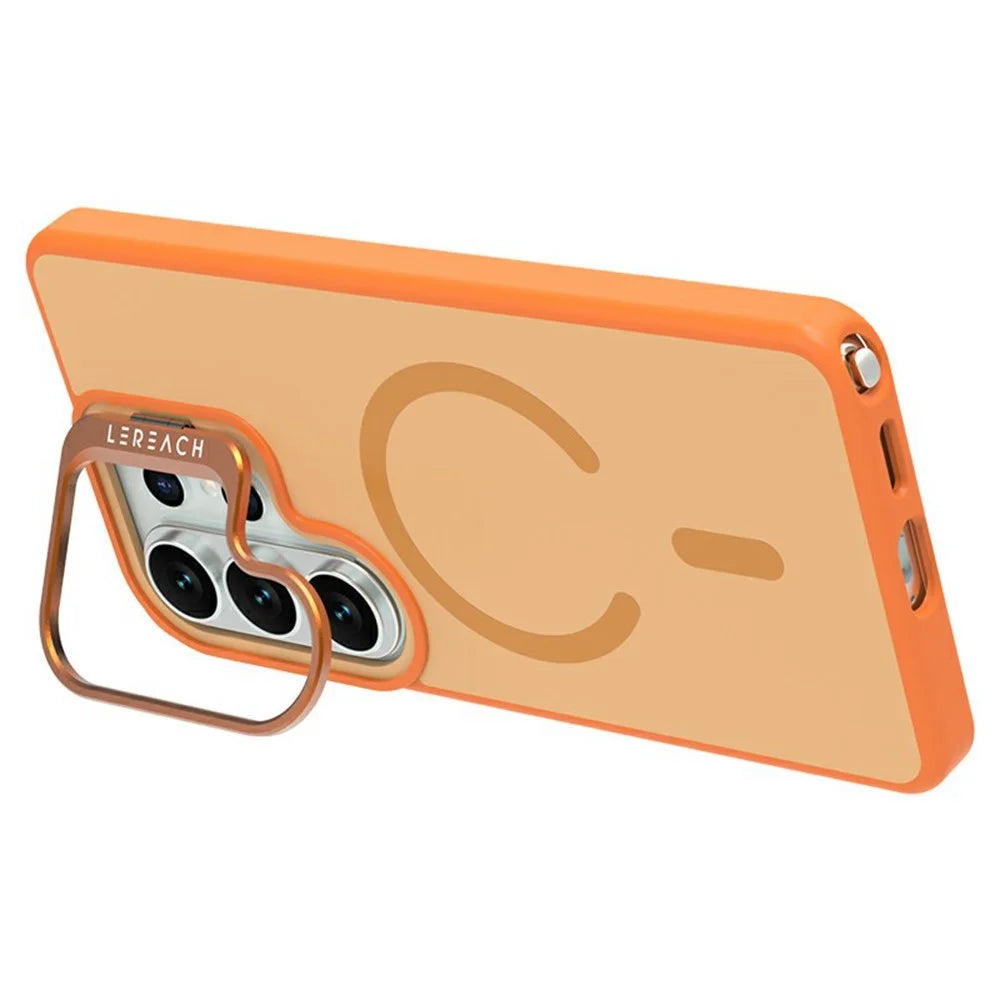 LEREACH Le-Luser Series For Samsung Galaxy S26 Ultra Magnetic Case Metal Lens Kickstand TPU PC Phone Cover - Orange - 2