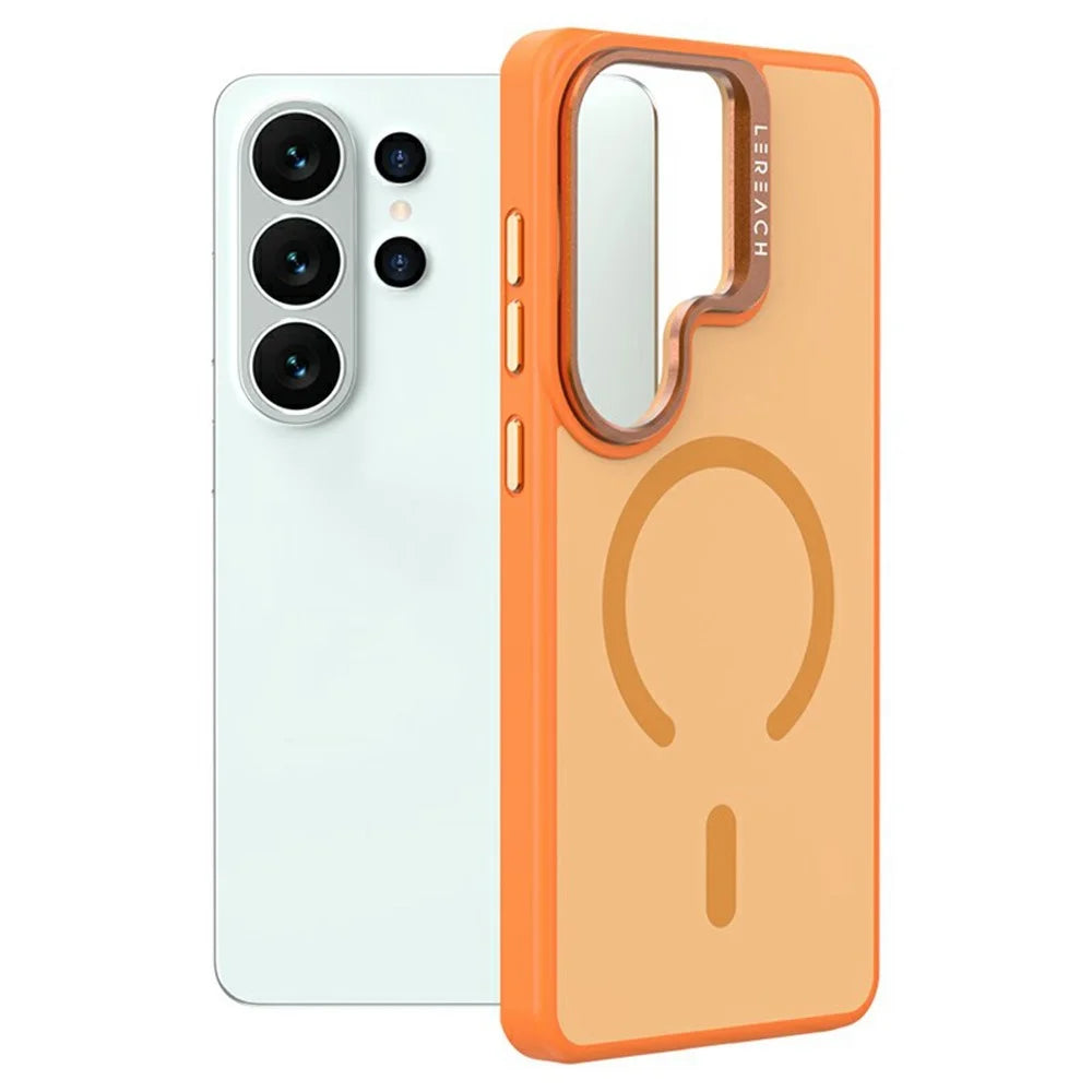 LEREACH Le-Luser Series For Samsung Galaxy S26 Ultra Magnetic Case Metal Lens Kickstand TPU PC Phone Cover - Orange - 4