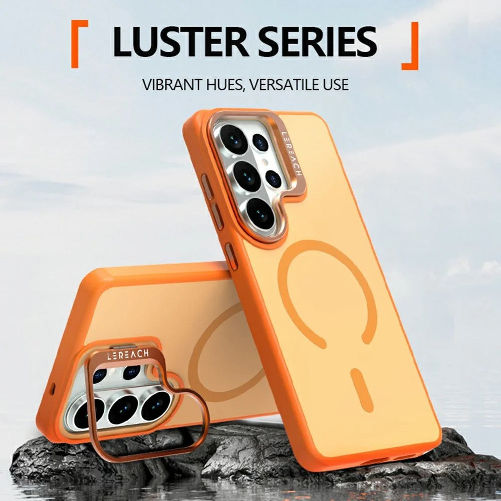 LEREACH Le-Luser Series For Samsung Galaxy S26 Ultra Magnetic Case Metal Lens Kickstand TPU PC Phone Cover - Orange - 6