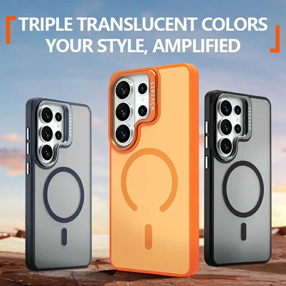 LEREACH Le-Luser Series For Samsung Galaxy S26 Ultra Magnetic Case Metal Lens Kickstand TPU PC Phone Cover - Orange - 7