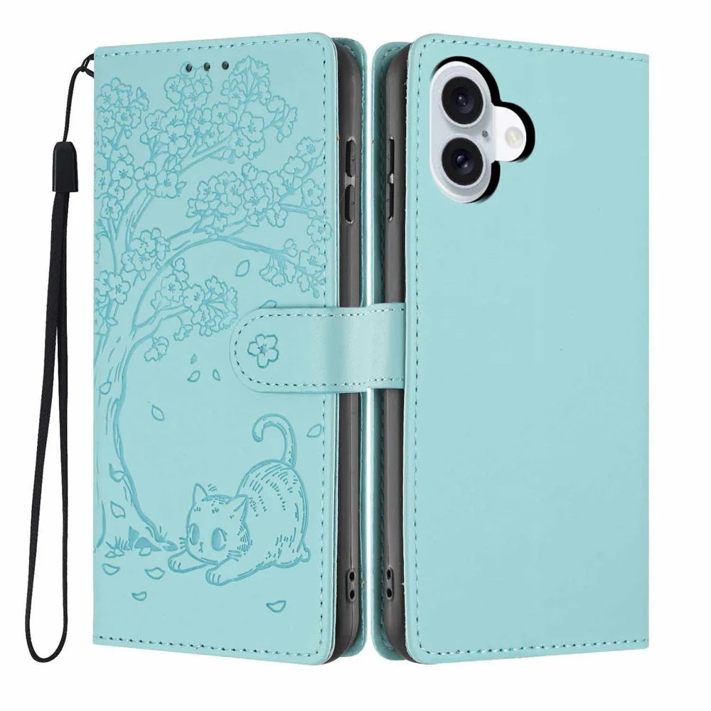 For iPhone 17 Stand Case Tree-and-Cat Pattern PU Leather Wallet Protective Phone Cover with Wrist Strap - Light Green - 1