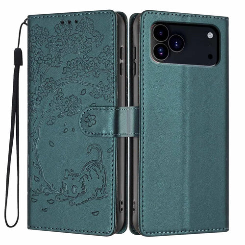 For iPhone 18 Pro / 17 Pro Stand Case Tree-and-Cat Pattern PU Leather Wallet Protective Phone Cover with Wrist Strap - Blackish Green - 1