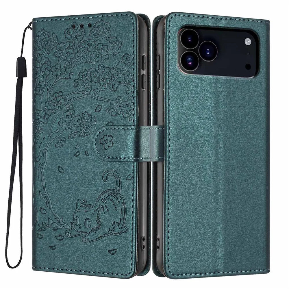 For iPhone 18 Pro / 17 Pro Stand Case Tree-and-Cat Pattern PU Leather Wallet Protective Phone Cover with Wrist Strap - Blackish Green - 1