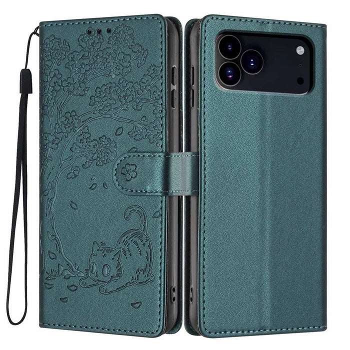 For iPhone 18 Pro / 17 Pro Stand Case Tree-and-Cat Pattern PU Leather Wallet Protective Phone Cover with Wrist Strap - Blackish Green - 1