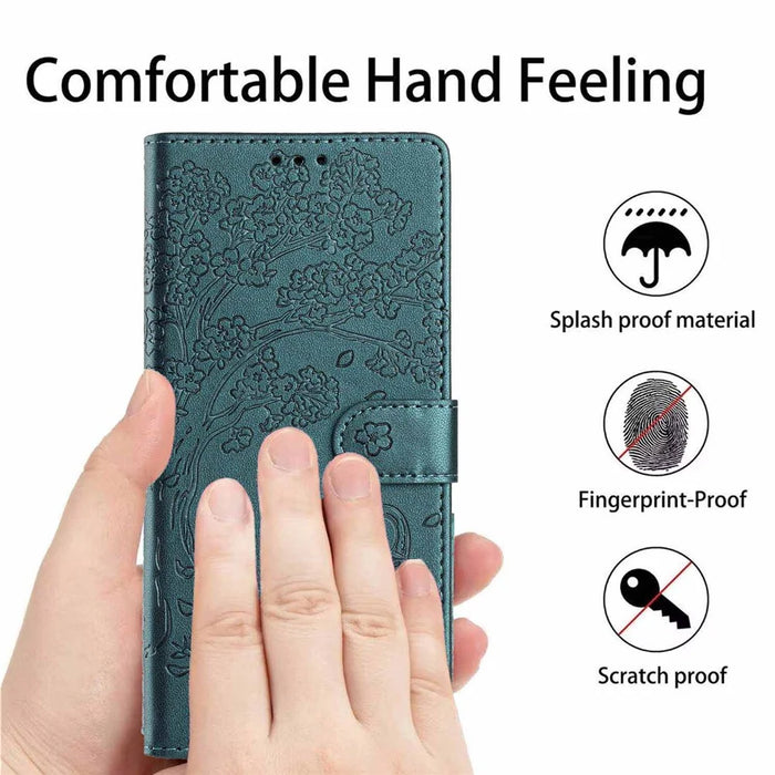 For iPhone 18 Pro / 17 Pro Stand Case Tree-and-Cat Pattern PU Leather Wallet Protective Phone Cover with Wrist Strap - Blackish Green - 6