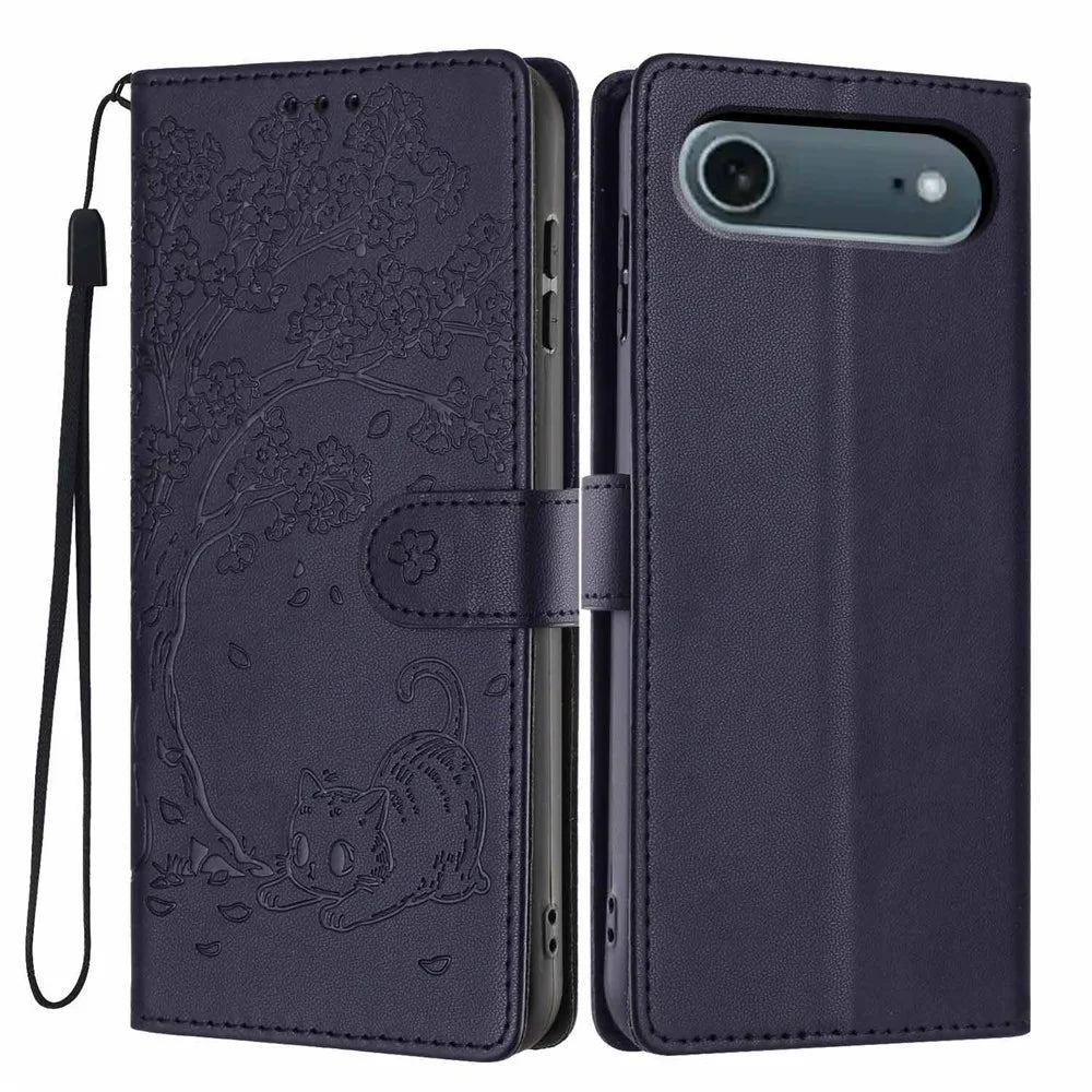 For iPhone Air Stand Case Tree-and-Cat Pattern PU Leather Wallet Protective Phone Cover with Wrist Strap - Blue - 1