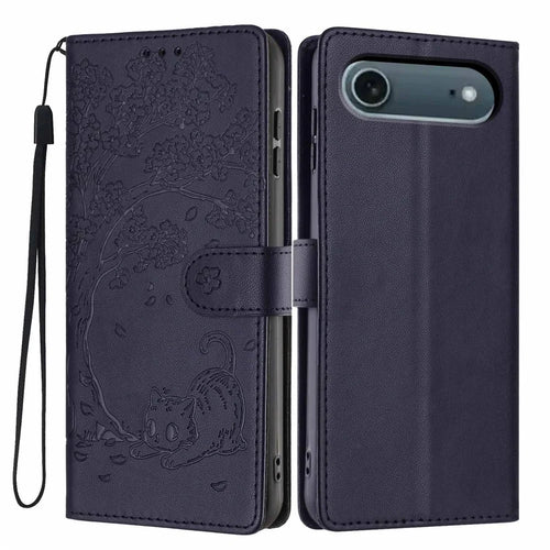 For iPhone Air Stand Case Tree-and-Cat Pattern PU Leather Wallet Protective Phone Cover with Wrist Strap - Blue - 1