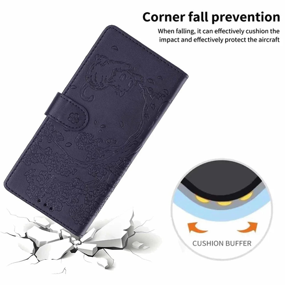 For iPhone Air Stand Case Tree-and-Cat Pattern PU Leather Wallet Protective Phone Cover with Wrist Strap - Blue - 5
