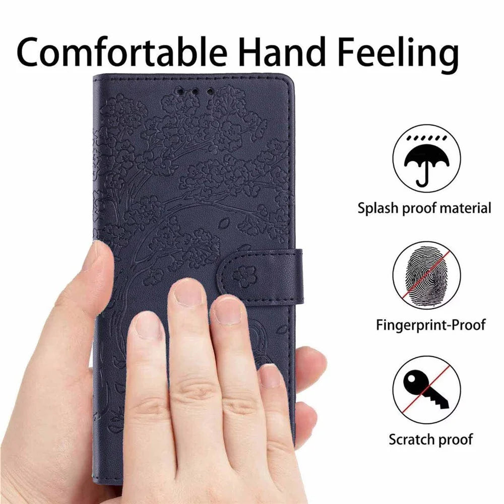 For iPhone Air Stand Case Tree-and-Cat Pattern PU Leather Wallet Protective Phone Cover with Wrist Strap - Blue - 6