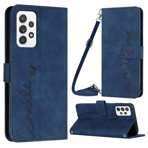 For Samsung Galaxy A23 4G /  A23 5G (Global Version) / F23 5G / M23 5G / M13 4G Flip PU Leather Phone Cover Skin-touch Feeling Imprinted Heart Shape Wallet Stand Case with Shoulder Strap - Sapphire - 1