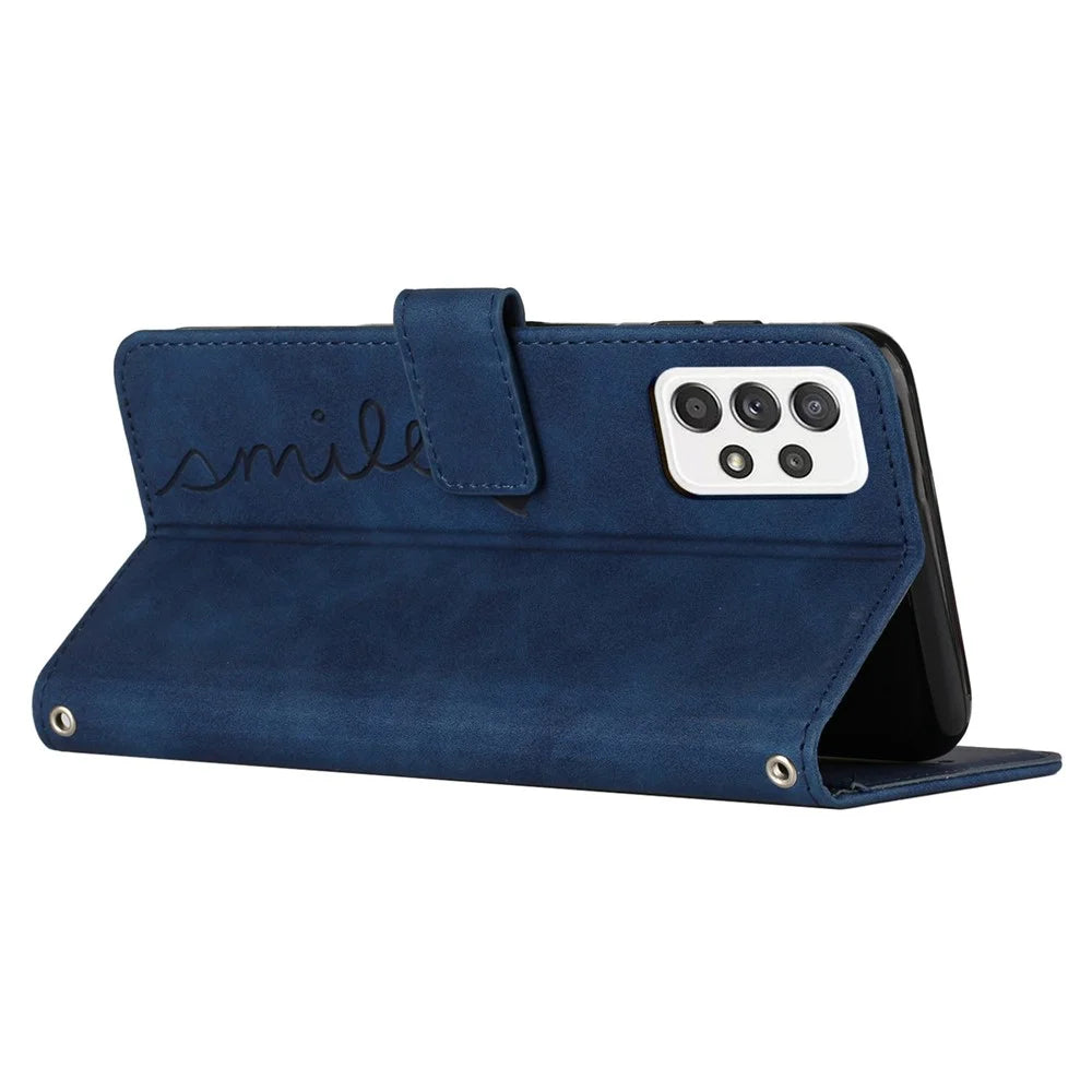 For Samsung Galaxy A23 4G /  A23 5G (Global Version) / F23 5G / M23 5G / M13 4G Flip PU Leather Phone Cover Skin-touch Feeling Imprinted Heart Shape Wallet Stand Case with Shoulder Strap - Sapphire - 3