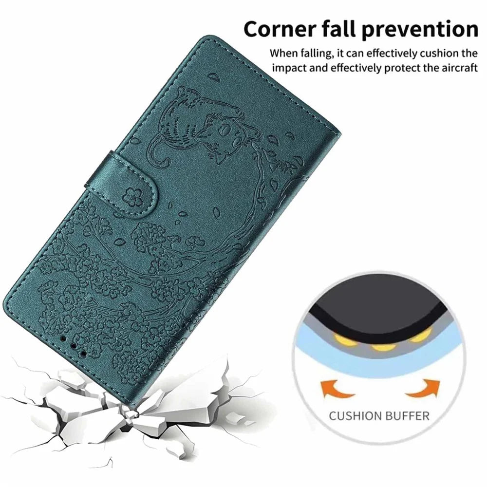 For iPhone 18 Pro Max / 17 Pro Max Stand Case Tree-and-Cat Pattern PU Leather Wallet Protective Phone Cover with Wrist Strap - Blackish Green - 5