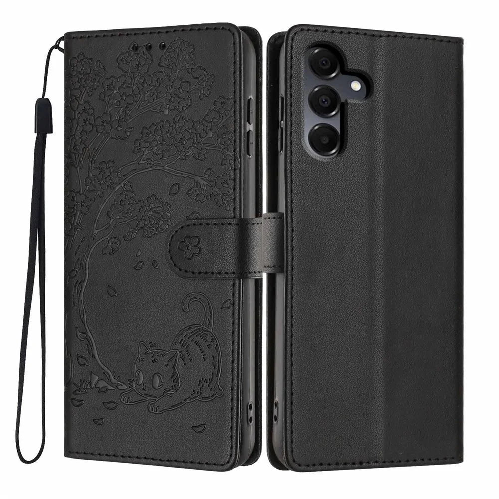 Stand Case For Samsung Galaxy A16 4G  /  A16 5G Tree-and-Cat Pattern PU Leather Wallet Protective Phone Cover with Wrist Strap   - Black - 1