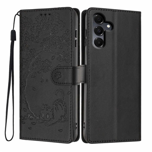 Stand Case For Samsung Galaxy A16 4G  /  A16 5G Tree-and-Cat Pattern PU Leather Wallet Protective Phone Cover with Wrist Strap   - Black - 1
