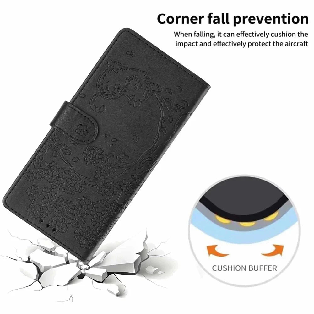 Stand Case For Samsung Galaxy A16 4G  /  A16 5G Tree-and-Cat Pattern PU Leather Wallet Protective Phone Cover with Wrist Strap   - Black - 5