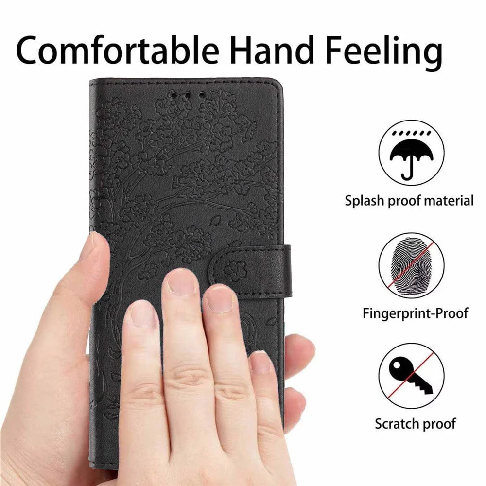 Stand Case For Samsung Galaxy A16 4G  /  A16 5G Tree-and-Cat Pattern PU Leather Wallet Protective Phone Cover with Wrist Strap   - Black - 6