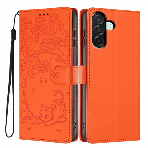 Stand Case For Samsung Galaxy A18 5G / A18 4G / A17 5G / A17 4G / A26 5G Tree-and-Cat Pattern PU Leather Wallet Protective Phone Cover with Wrist Strap - Orange - 1