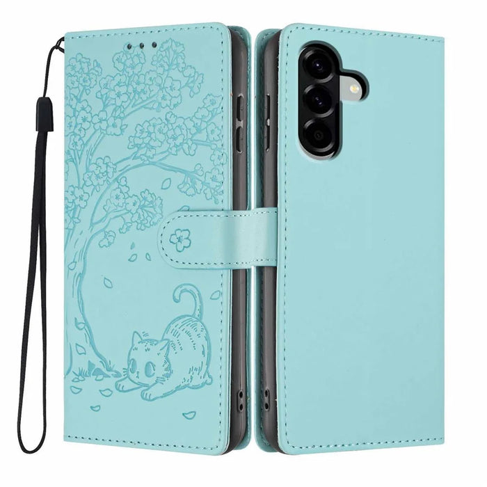 For Samsung Galaxy A36 5G Stand Case Tree-and-Cat Pattern PU Leather Wallet Protective Phone Cover with Wrist Strap - Light Green - 1