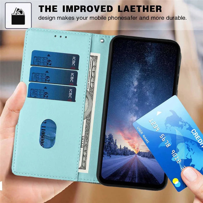For Samsung Galaxy A36 5G Stand Case Tree-and-Cat Pattern PU Leather Wallet Protective Phone Cover with Wrist Strap - Light Green - 7