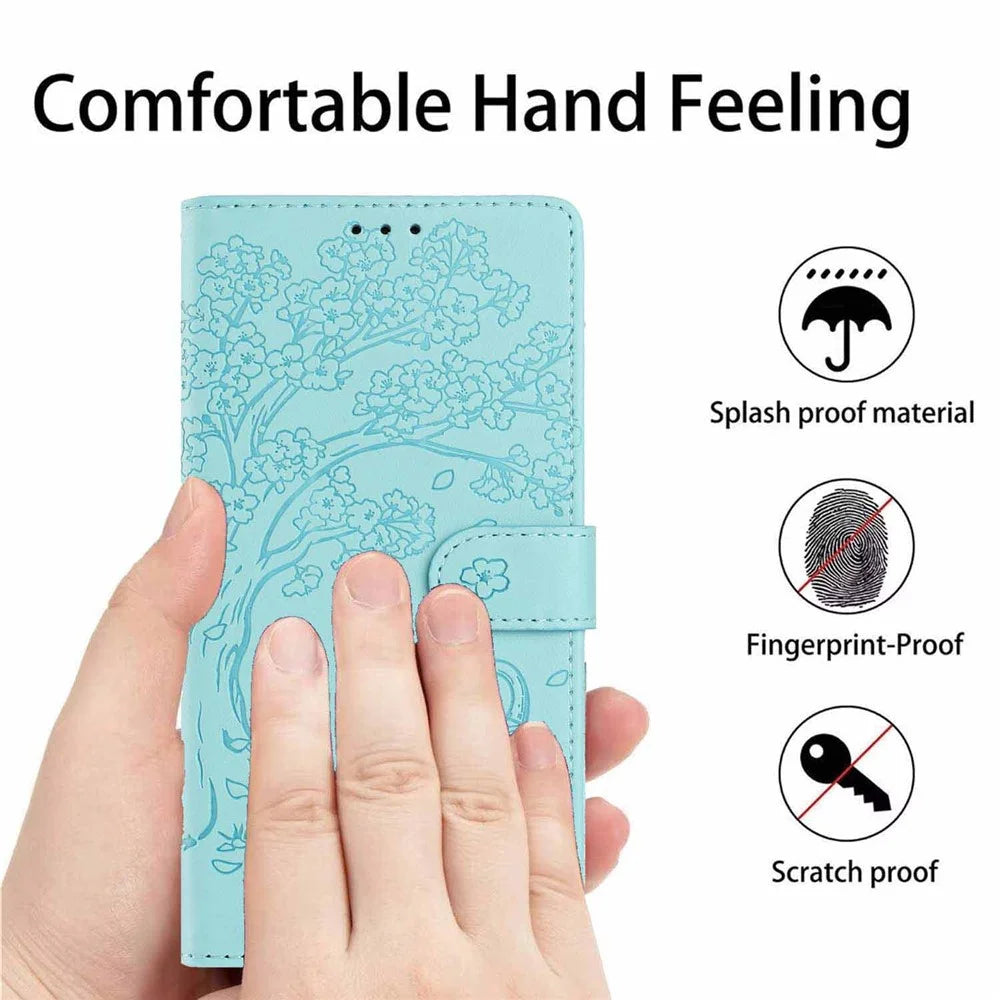 For Samsung Galaxy A56 5G Stand Case Tree-and-Cat Pattern PU Leather Wallet Protective Phone Cover with Wrist Strap - Light Green - 6
