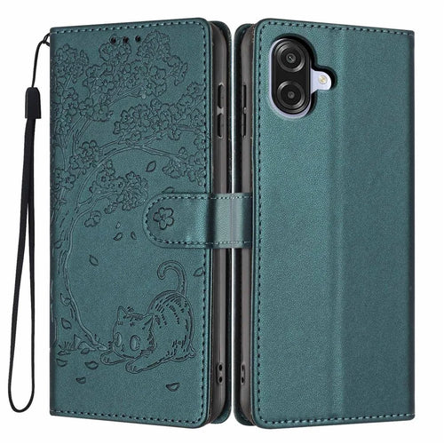 Stand Case For Samsung Galaxy A08 5G / A08 4G / A07 4G Tree-and-Cat Pattern PU Leather Wallet Protective Phone Cover with Wrist Strap - Blackish Green - 1
