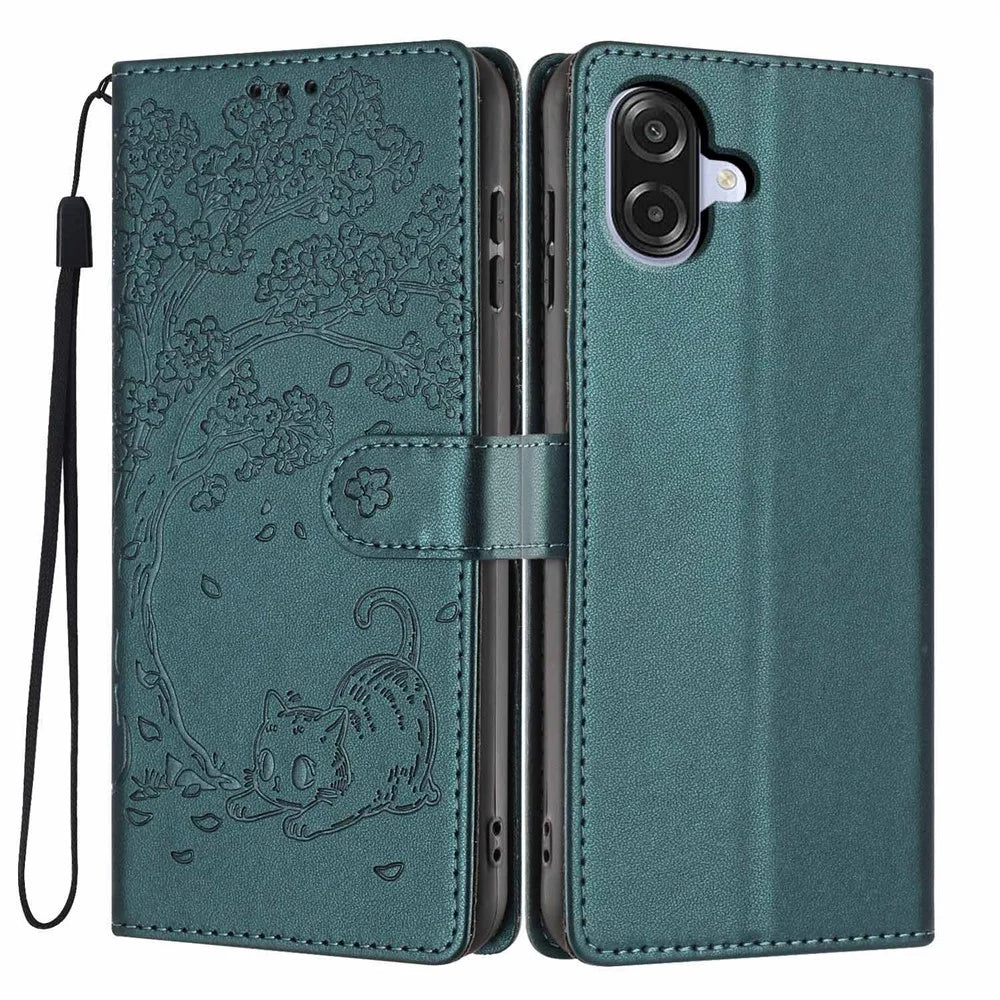 Stand Case For Samsung Galaxy A08 5G / A08 4G / A07 4G Tree-and-Cat Pattern PU Leather Wallet Protective Phone Cover with Wrist Strap - Blackish Green - 1