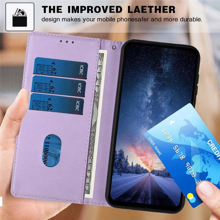 For Samsung Galaxy A37 5G Stand Case Tree-and-Cat Pattern PU Leather Wallet Protective Phone Cover with Wrist Strap - Purple - 7