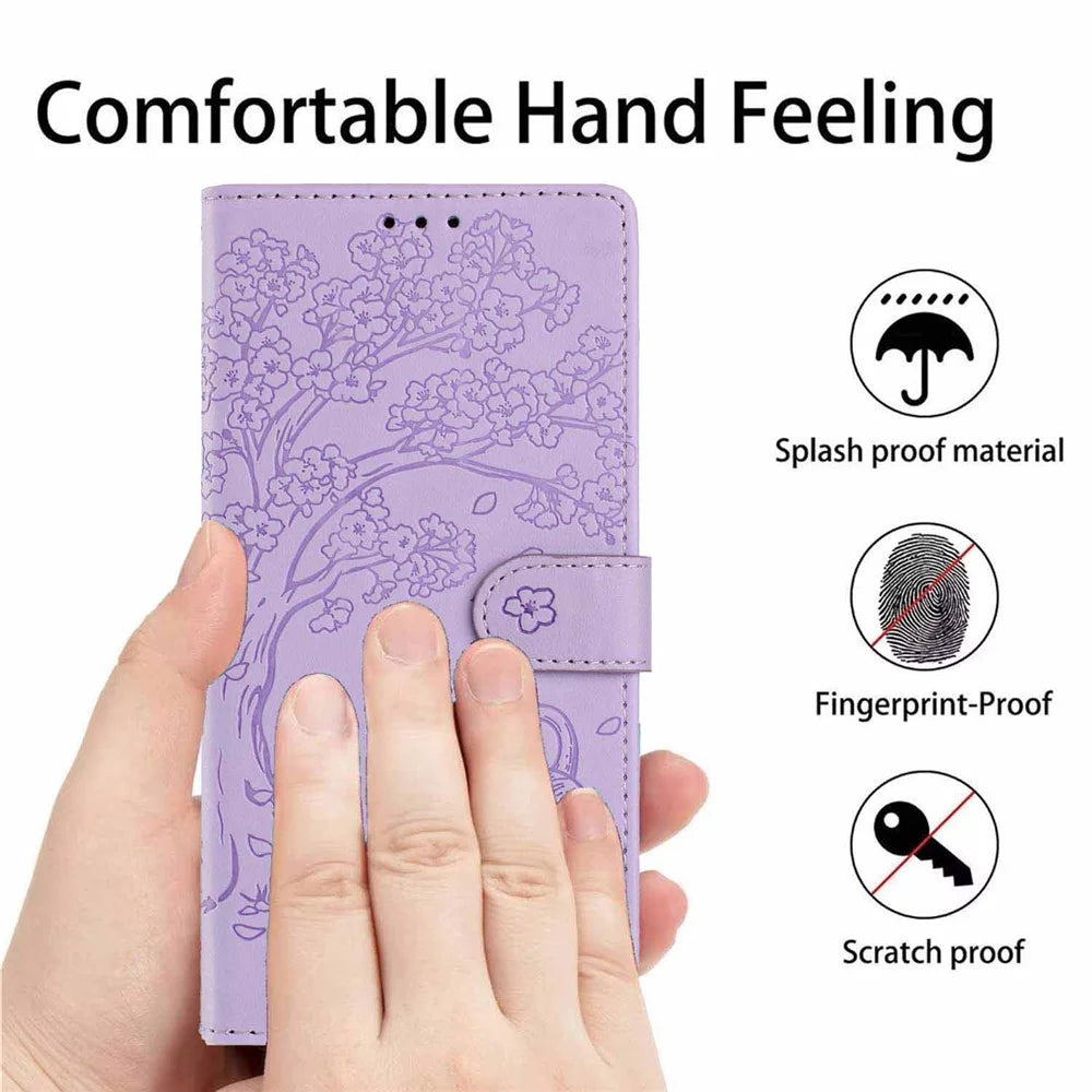 For Samsung Galaxy S26+ Stand Case Tree-and-Cat Pattern PU Leather Wallet Protective Phone Cover with Wrist Strap - Purple - 6
