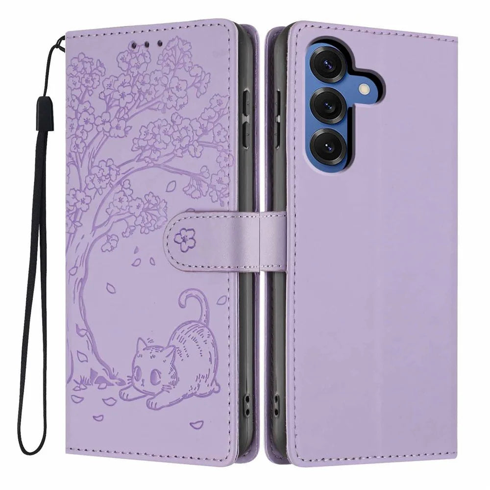For Samsung Galaxy S26 Stand Case Tree-and-Cat Pattern PU Leather Wallet Protective Phone Cover with Wrist Strap - Purple - 1