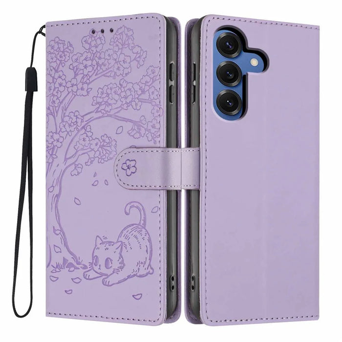 For Samsung Galaxy S26 Stand Case Tree-and-Cat Pattern PU Leather Wallet Protective Phone Cover with Wrist Strap - Purple - 1