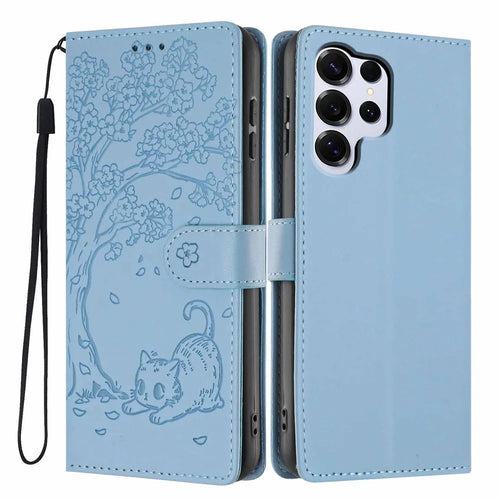 For Samsung Galaxy S26 Ultra Stand Case Tree-and-Cat Pattern PU Leather Wallet Protective Phone Cover with Wrist Strap - Sky Blue - 1