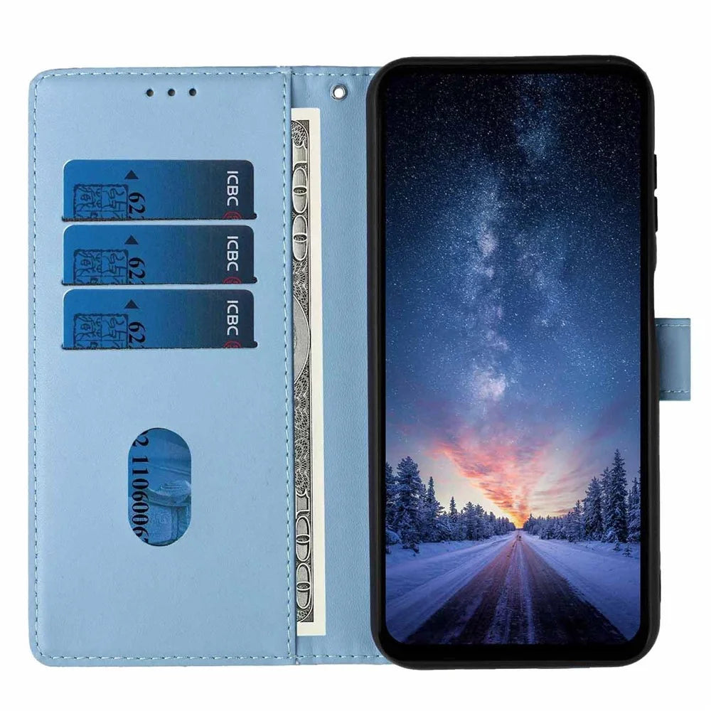 For Samsung Galaxy S26 Ultra Stand Case Tree-and-Cat Pattern PU Leather Wallet Protective Phone Cover with Wrist Strap - Sky Blue - 2
