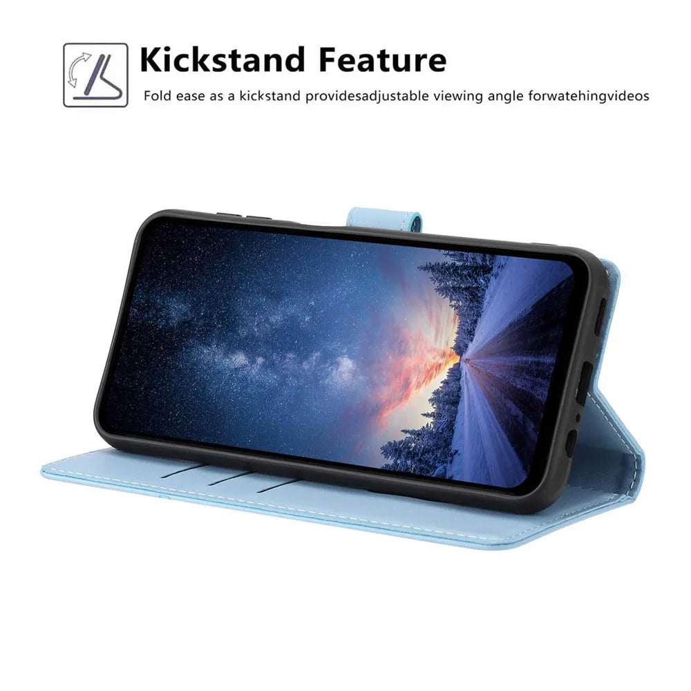 For Samsung Galaxy S26 Ultra Stand Case Tree-and-Cat Pattern PU Leather Wallet Protective Phone Cover with Wrist Strap - Sky Blue - 3