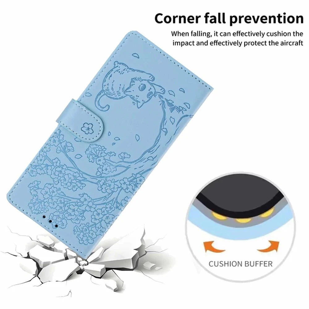 For Samsung Galaxy S26 Ultra Stand Case Tree-and-Cat Pattern PU Leather Wallet Protective Phone Cover with Wrist Strap - Sky Blue - 5