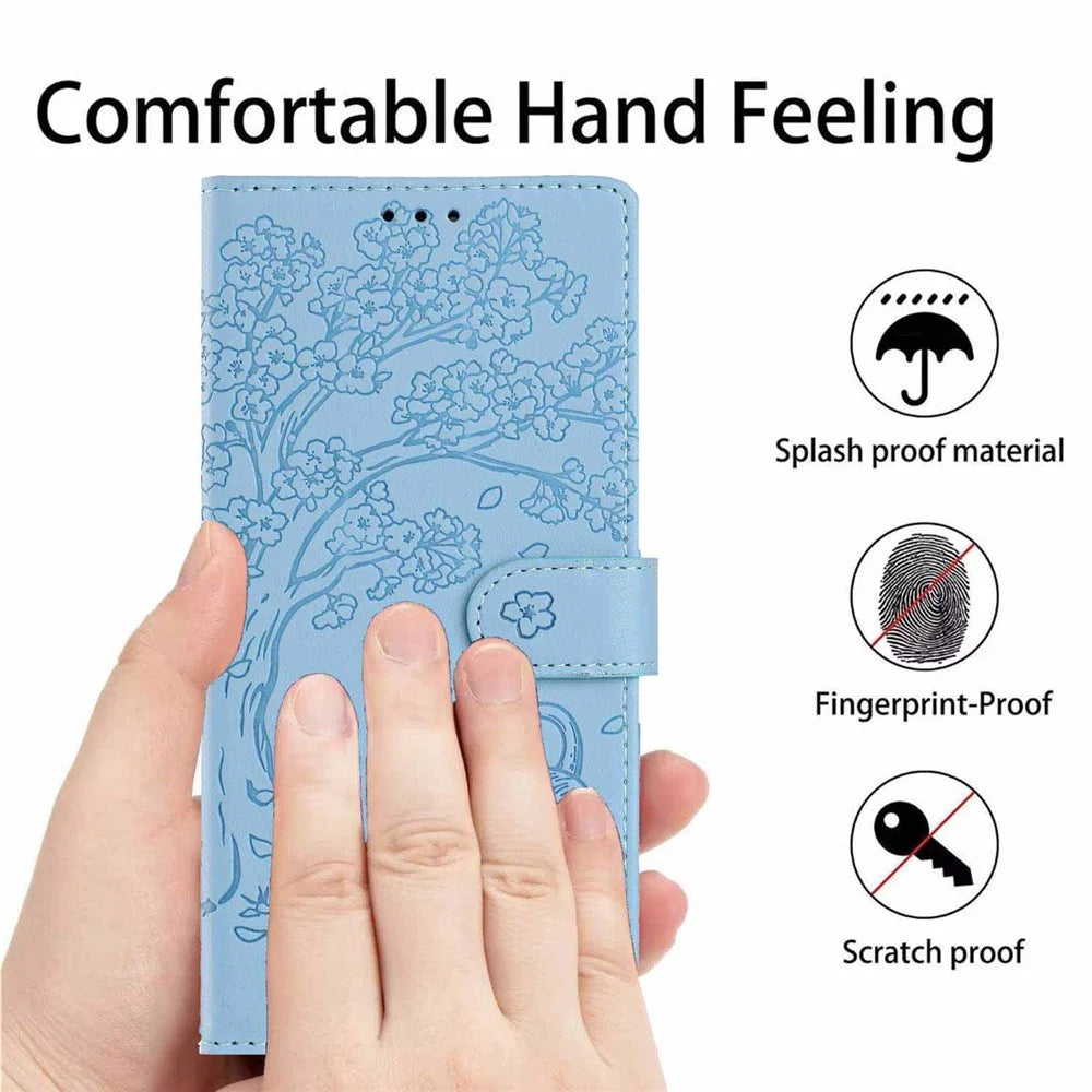 For Samsung Galaxy S26 Ultra Stand Case Tree-and-Cat Pattern PU Leather Wallet Protective Phone Cover with Wrist Strap - Sky Blue - 6